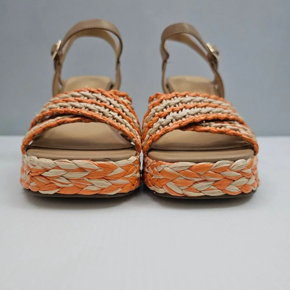 Marc Fisher LTD Juliey Block Heel Sandal Women 9.5 Orange Raffia Platform Resort